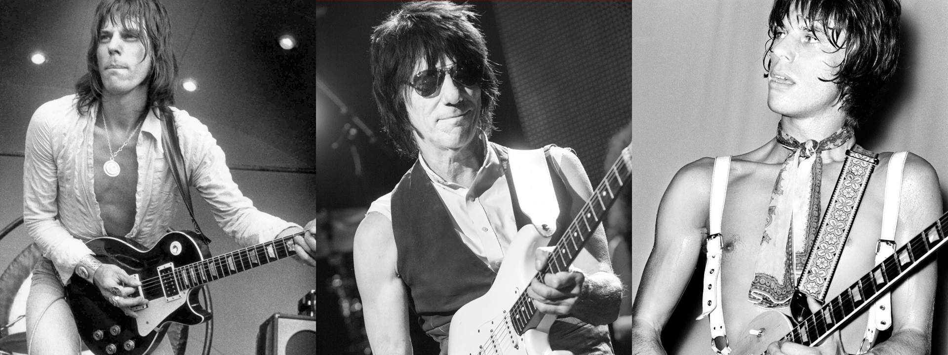 Composite of three portraits of Jeff Beck, British guitarist.