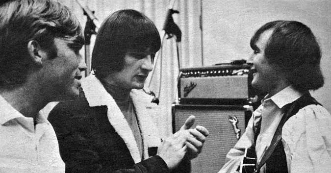 Terry Melcher, Gene Clark and David Crosby of the Byrds recording Mr Tambourine Man. 