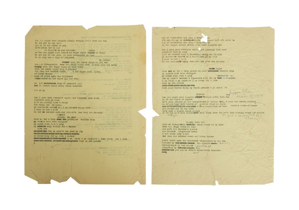 Three Progressive Drafts of "Mr. Tambourine Man" Working Lyrics - One Annotated by Bob Dylan. 

