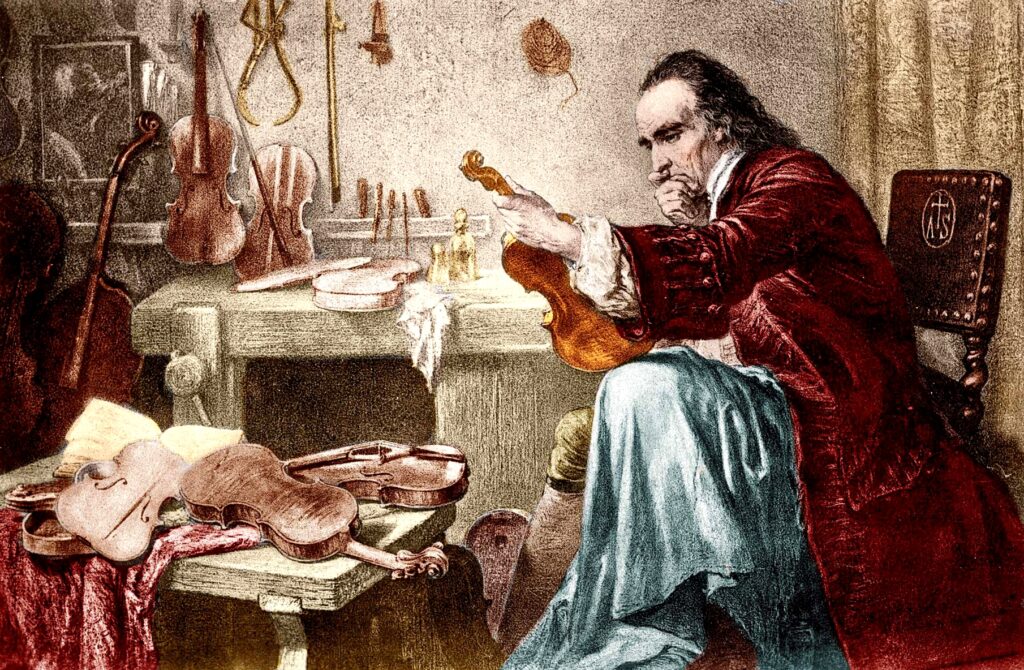 Painting showing Antonio Stradivarius, violin maker, in his workshop. 