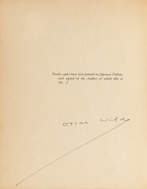 Oscar Wilde's autograph inside a presentation copy of The Importance of Being Ernest, numbered 1 of 12 published in 1895.