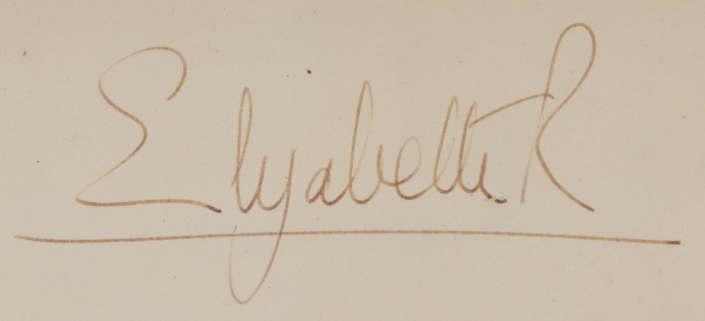 Queen Elizabeth II's official royal signature as Elizabeth R. 