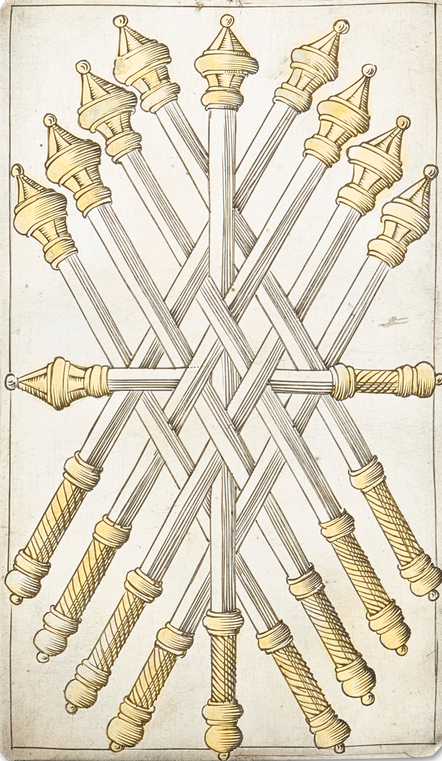 the 10 of swords card from set of silver cards by Michael Frommer of Augsburg, made in 1616. 