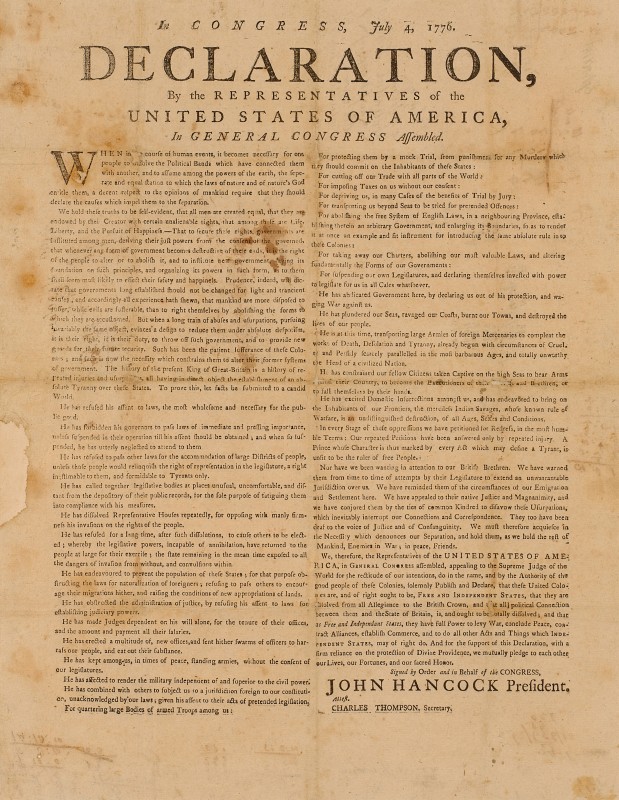 The Exeter Broadside printing of the Declaration of Independence. 