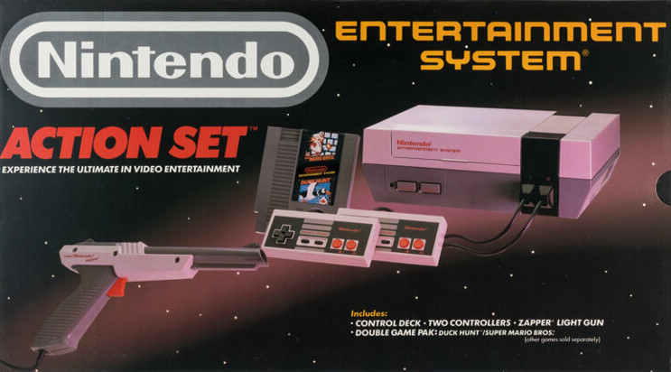 Nintendo Entertainment System NES Action Set gaming console from 1998 with Zapper Light Gun. 