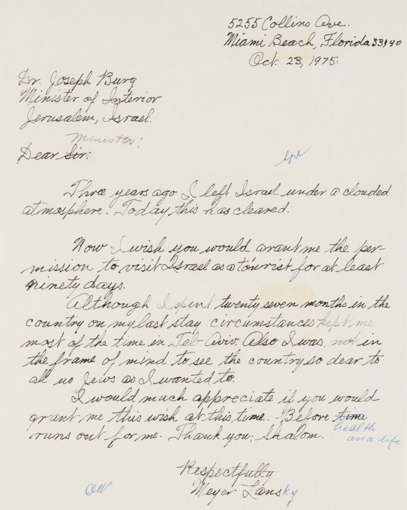 Letter from Meyer Lanksy to Dr Joseph Burg, Israeli minister of the interior, dated October 23, 1975