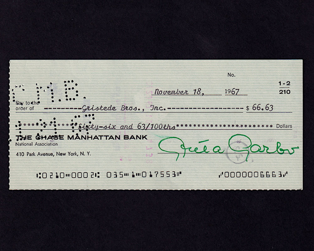 Greta Garbo signed bank cheque