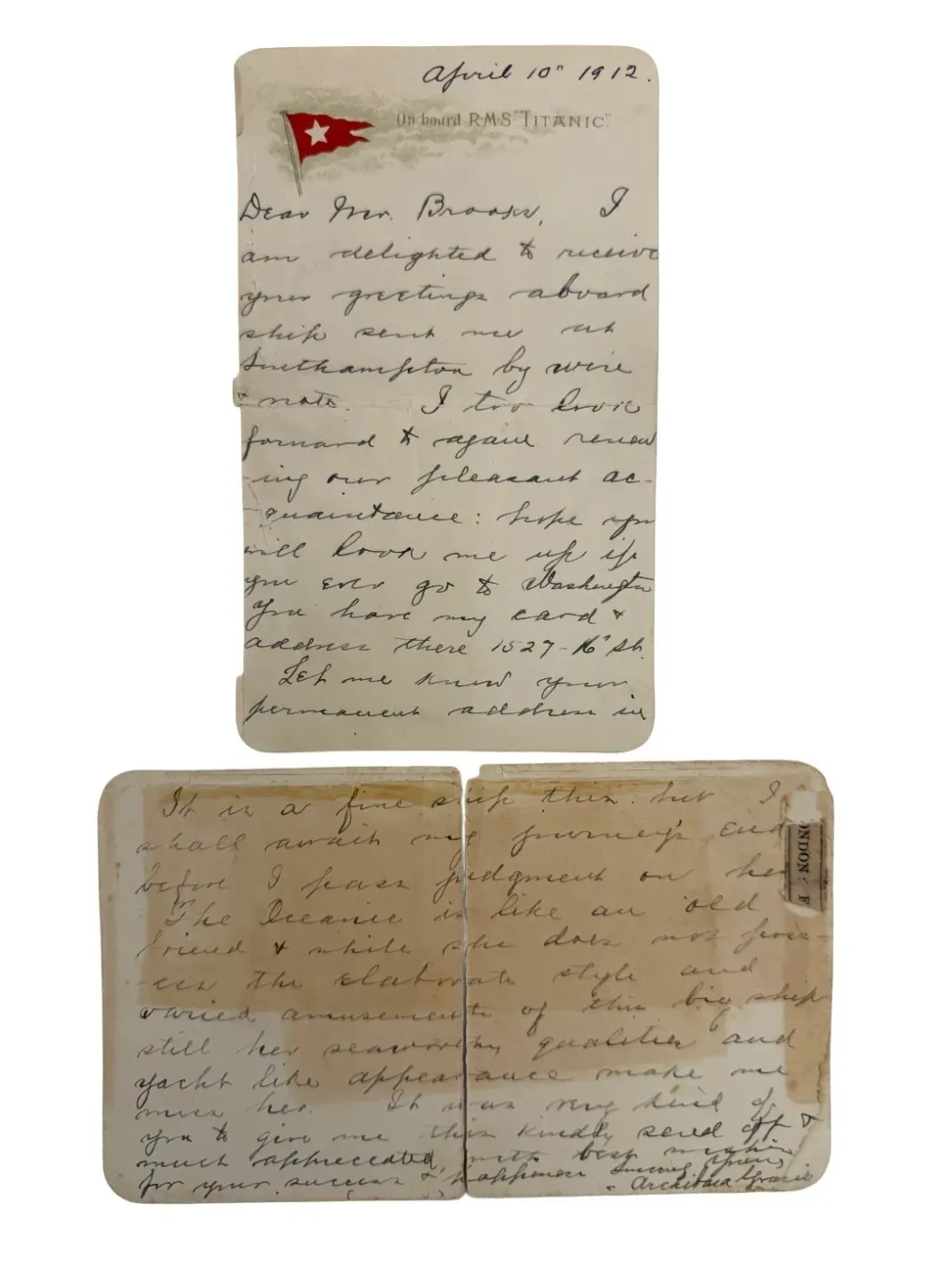 Titanic letter card by Colonel Archibald Gracie.