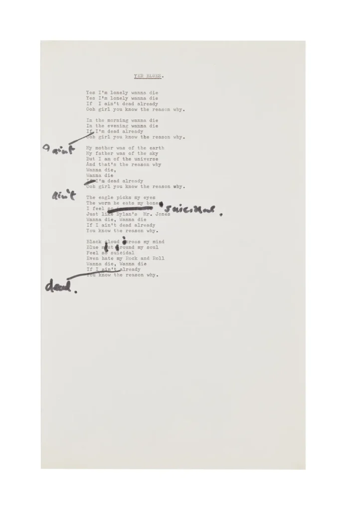 John Lennon original typewritten with pen annotations lyrics for The Beatles song Yer Blues.