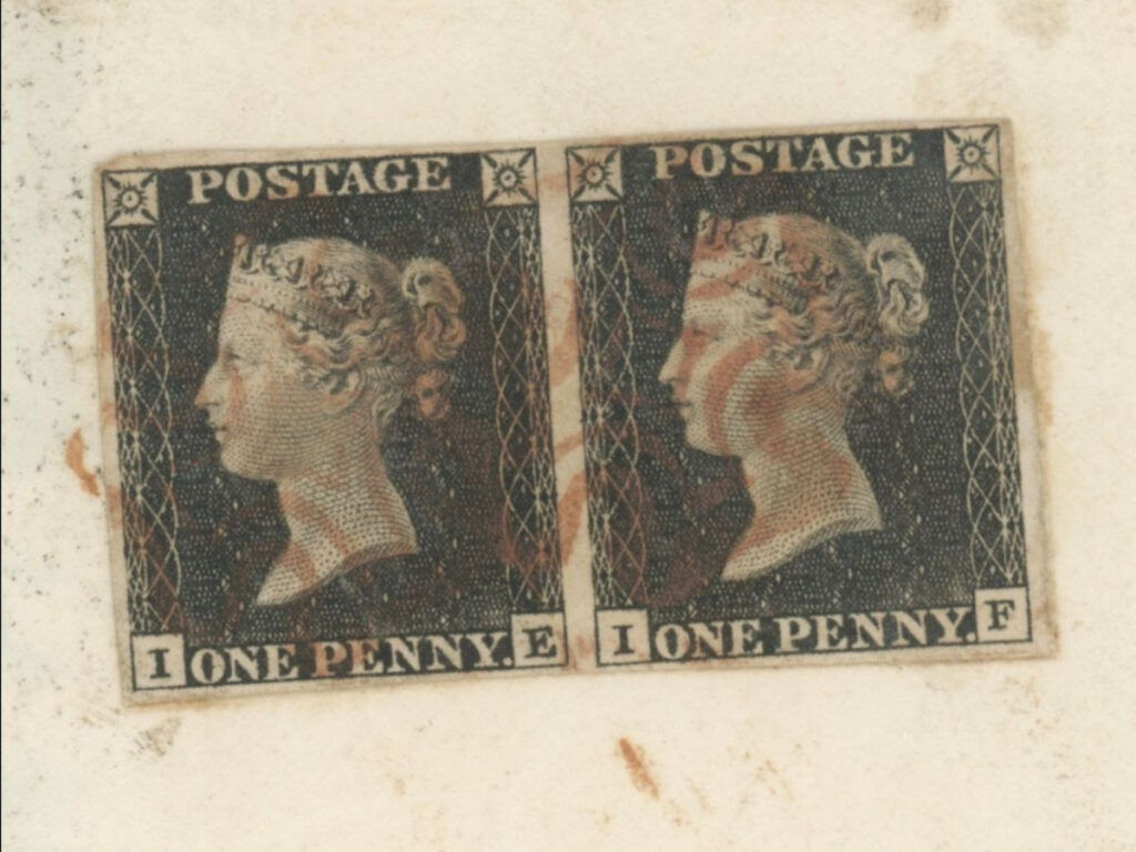 Two Penny Black stamps used on May 6, 1840 on a single cover. Unique philatelic item.