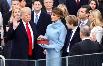 Donald Trump swearing the oath of office at his inauguration in 2017.