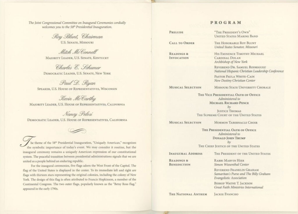 Signed 2017 inauguration program for US President Donald Trump.