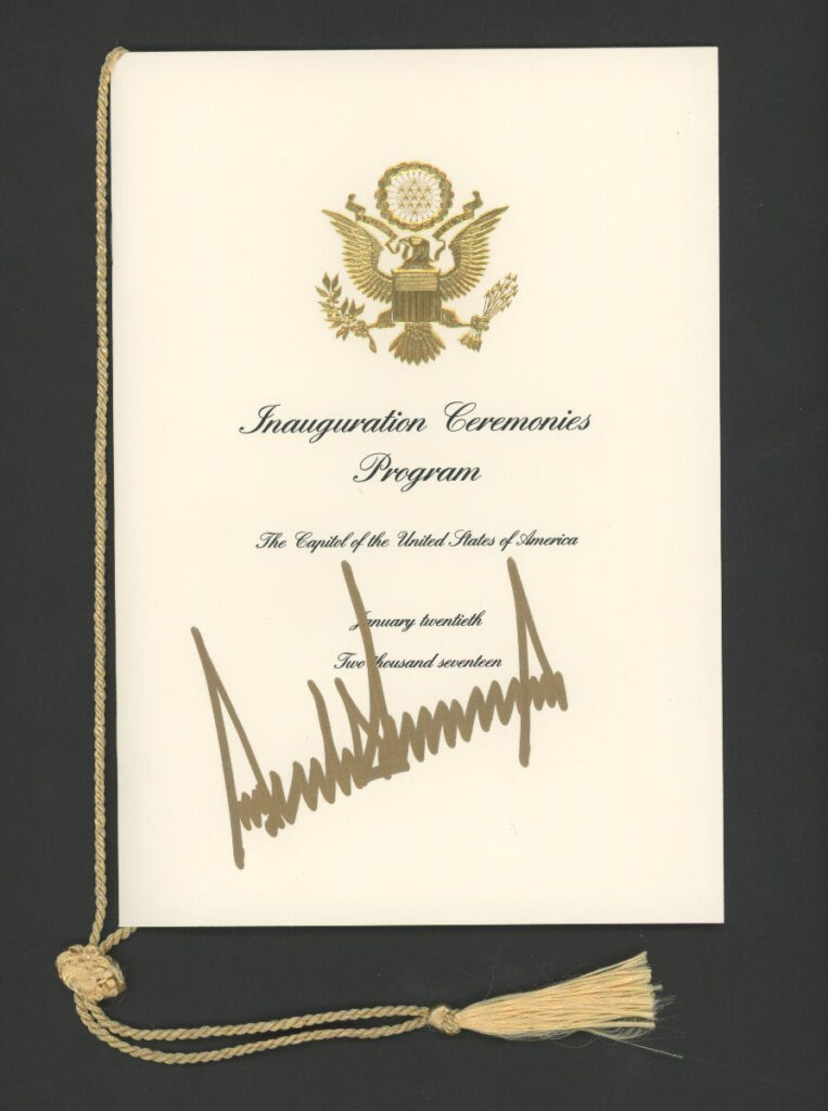 Inauguration Ceremonies Program from the Inauguration of President Donald Trump in January 2017, signed by Donald Trump,