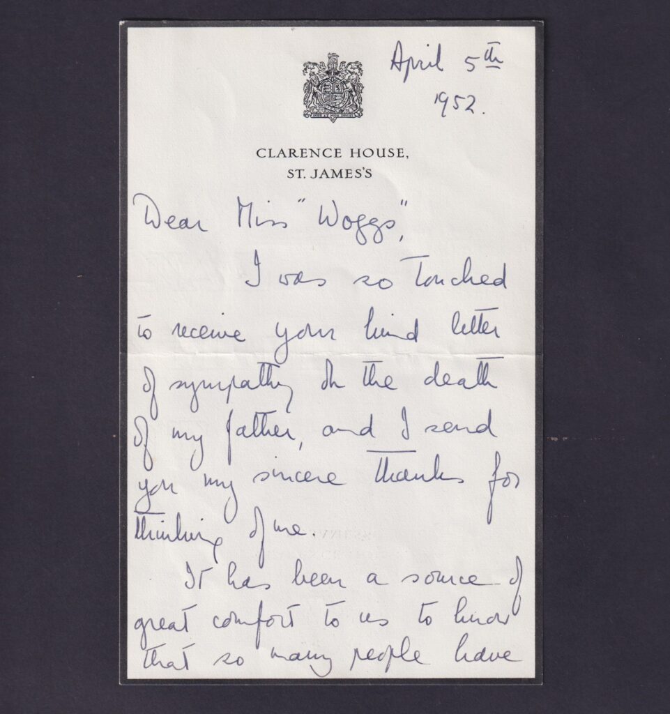 Letter from Queen Elizabeth II thanking a friend for condolence message on the death of her father, George VI. 
