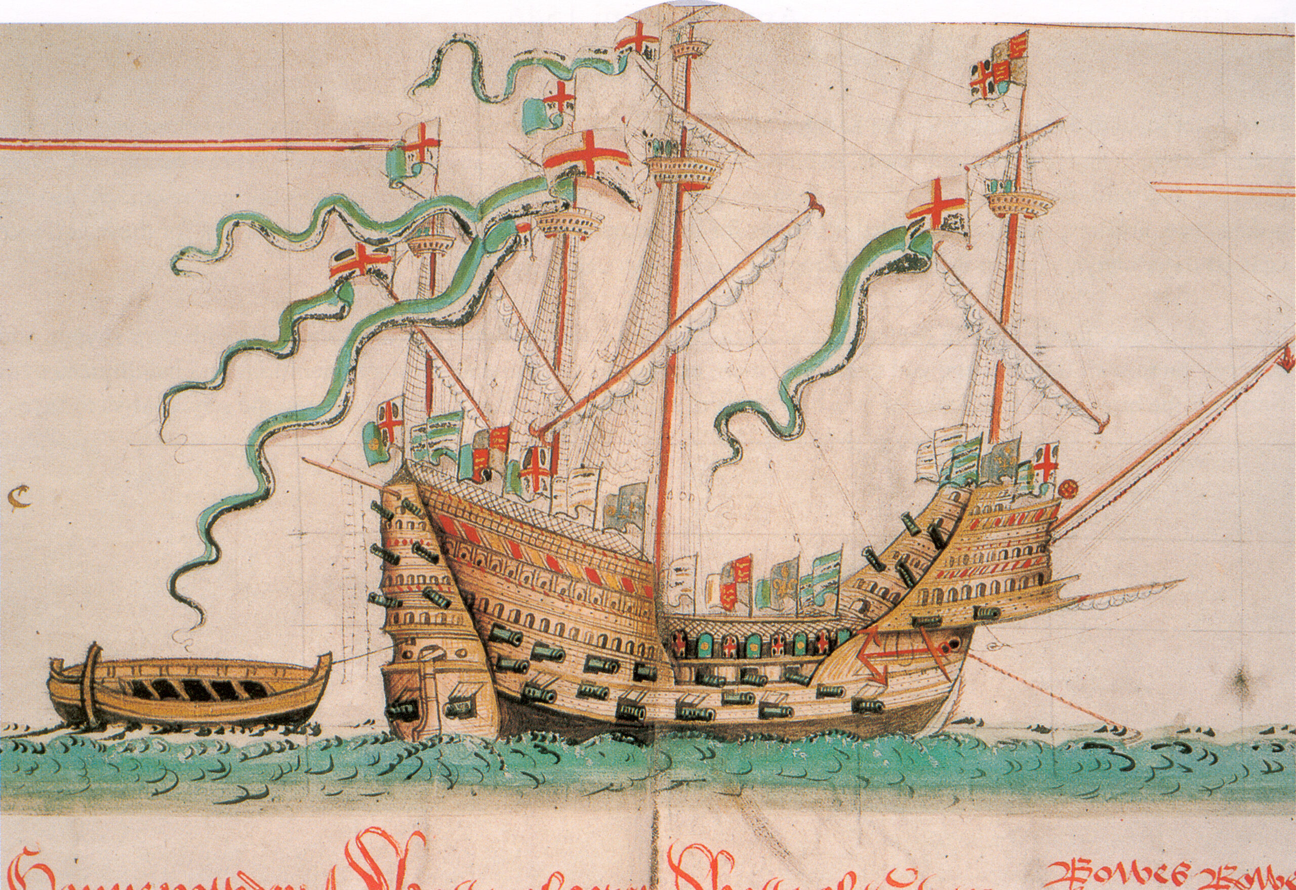 Contemporary painting of Tudor warship, the Mary Rose, built for the English navy at the order of Henry VIII.