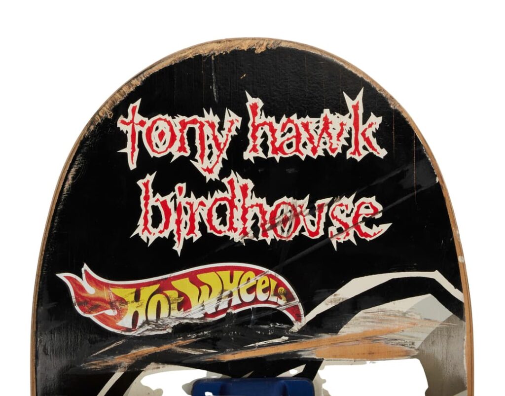 Tony Hawk 900 skate deck showing branding for Tony Hawk Birdhouse and Hotwheels sticker. 