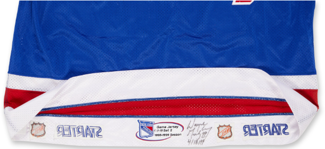Wayne Gretzky New York Rangers jersey signed by the player, from his final game on April 18, 1999. 