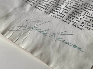 Jack Kerouac's signature at the end of a manuscript of his unpublished story The Holy, Beat, and Crazy Next Thing, a "lost chapter" of On the Road, written in 1957