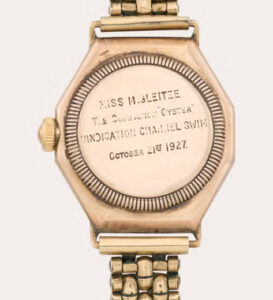 A Rolex Oyster wrist watch worn by cross-Channel swimmer Mercedes Gleitze in her 1927 Vindication Swim.