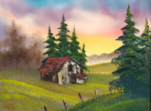 Bob Ross painting Cabin at Sunset