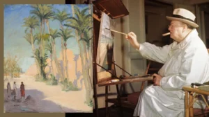 Photograph showing Winston Churchill seated and wearing a painter's smock and a hat while working on two canvases probably of Marrakech.