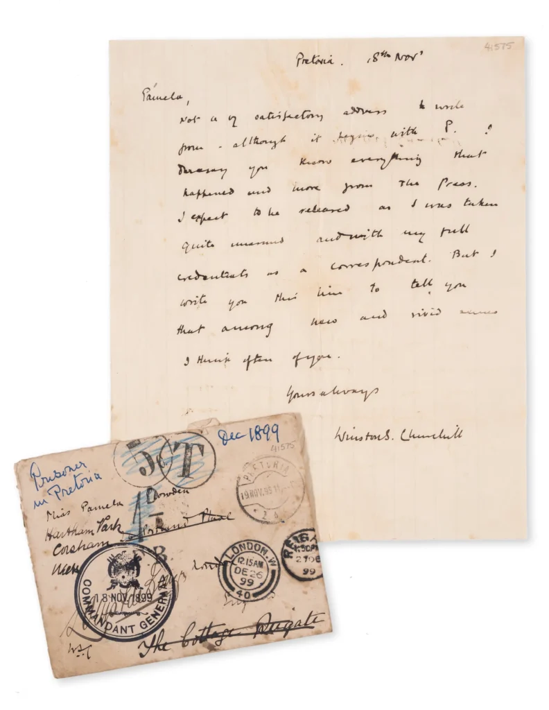 Letter with envelope from Winston Churchill to Pamela Plowden from a South African prisoner of war camp where Churchill was imprisoned during the Boer War. 