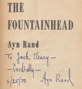 Title page of the Fountainhead by Ayn Rand signed by Rand and dedicated to Jack Cleary.