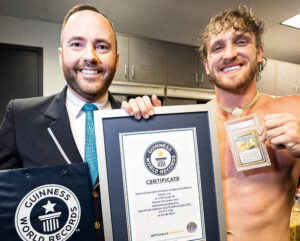 Logan Paul with his record-breaking Pokemon card, the Pikachu Illustrator