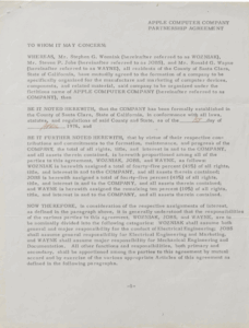 Apple founding partnership document signed by Steve Jobs, Steve Wozniak and Ronald Wayne.