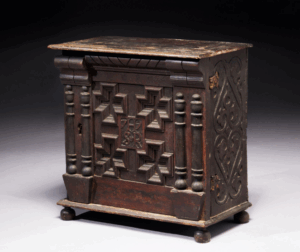 130. The Highly Important Symon and Rebeckah Horne Pilgrim Century Valuables Cabinet, attributed to the Symonds shops, Salem, Massachusetts, dated 1677