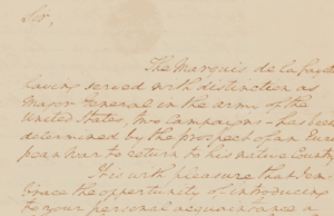 Extract of text of letter from George Washington to Benjamin Franklin referring to the Marquis de la Lafayette.