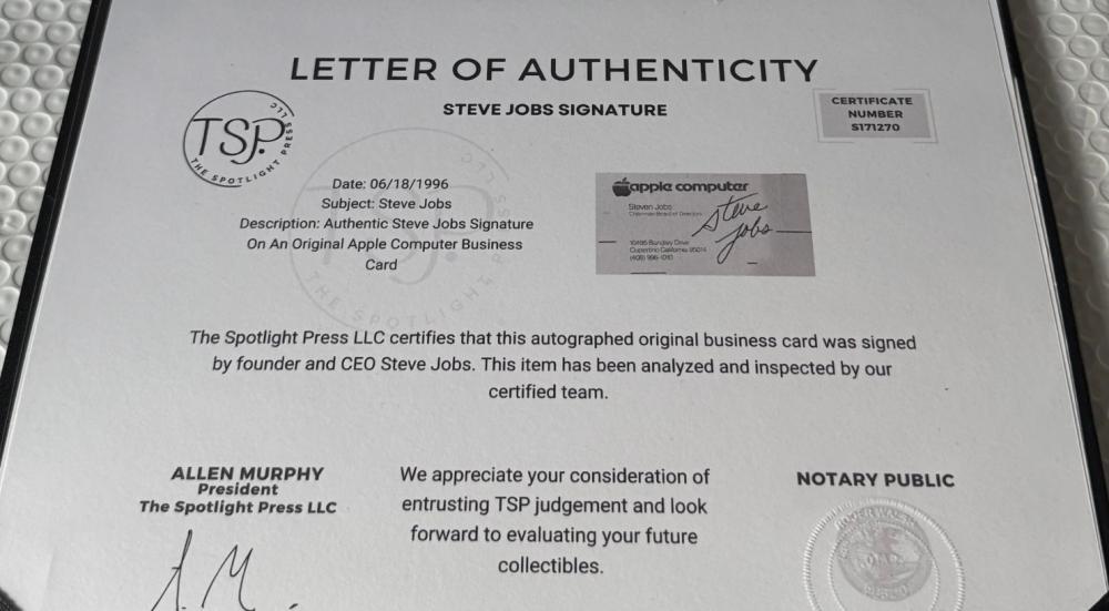 Letter of authenticity for a Steve Jobs autographed business card.