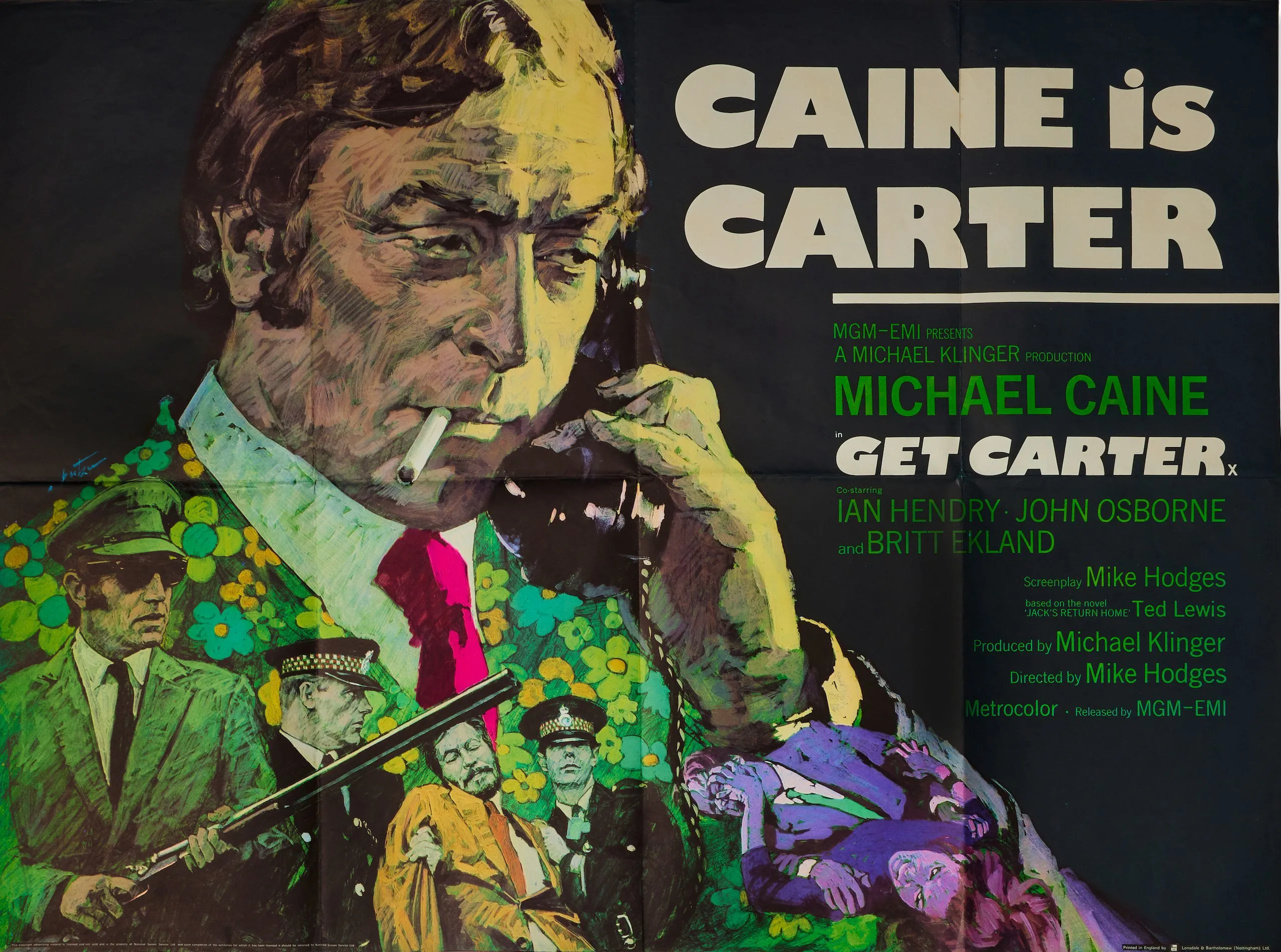 Image courtesy of Bonhams. Get Carter film poster showing Michael Caine as Carter, a murderous London gangster.