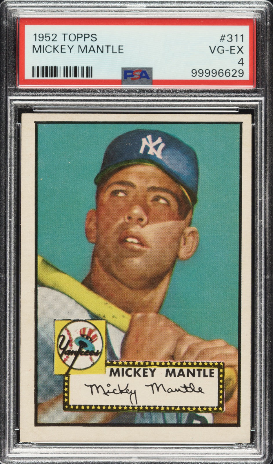 1952 Topps Mickey Mantle, graded PSA VG-EX 4 after seventy years raw