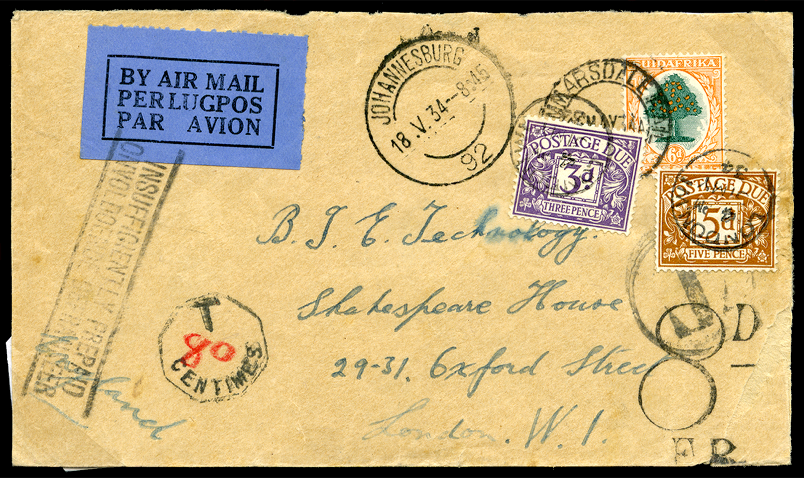 GB 1934 postage due airmail cover from South Africa