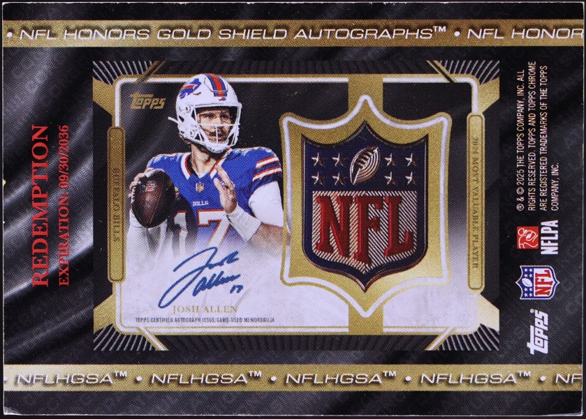 Josh Allen 2025 Topps Chrome gold NFL Shield patch autograph card