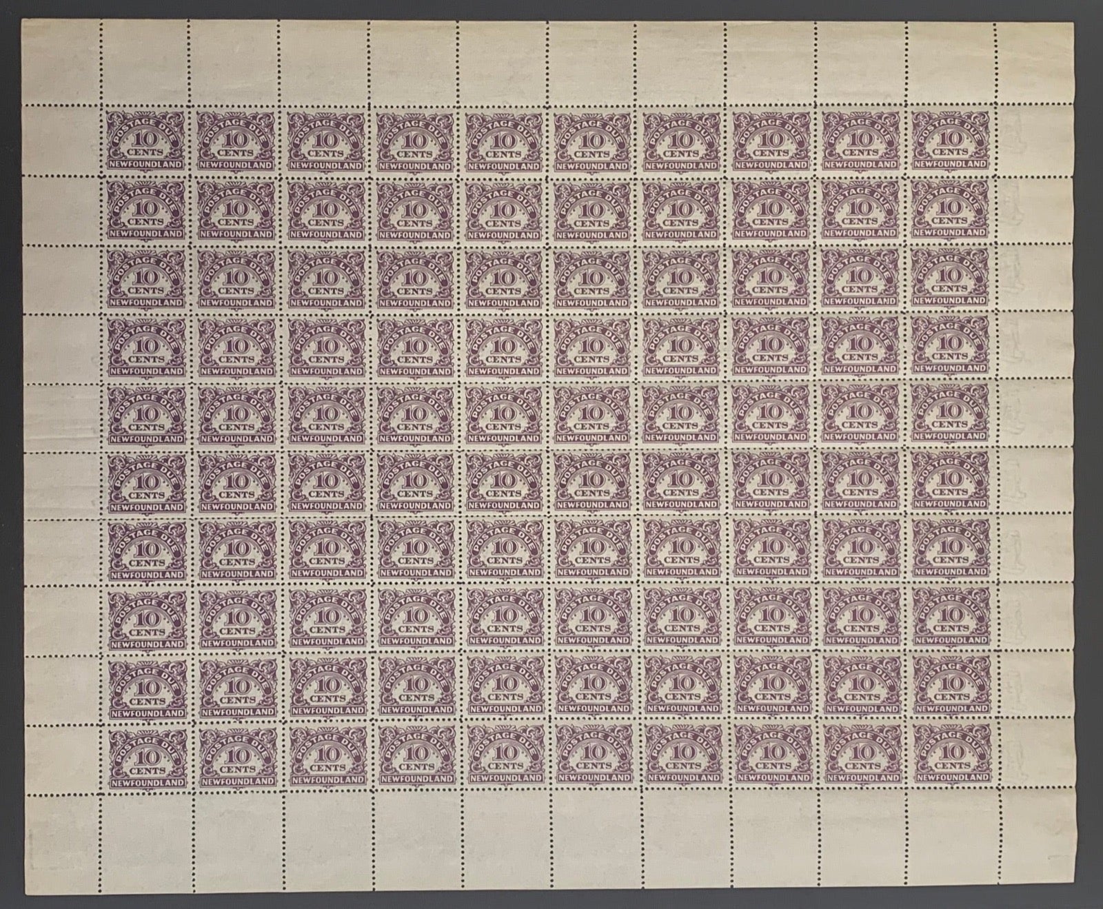 Newfoundland postage due sheet with the LUE for DUE variety