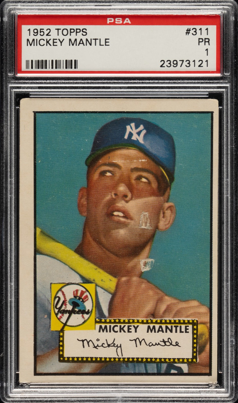 1952 Topps Mickey Mantle, graded PSA POOR 1, the lowest grade on the scale