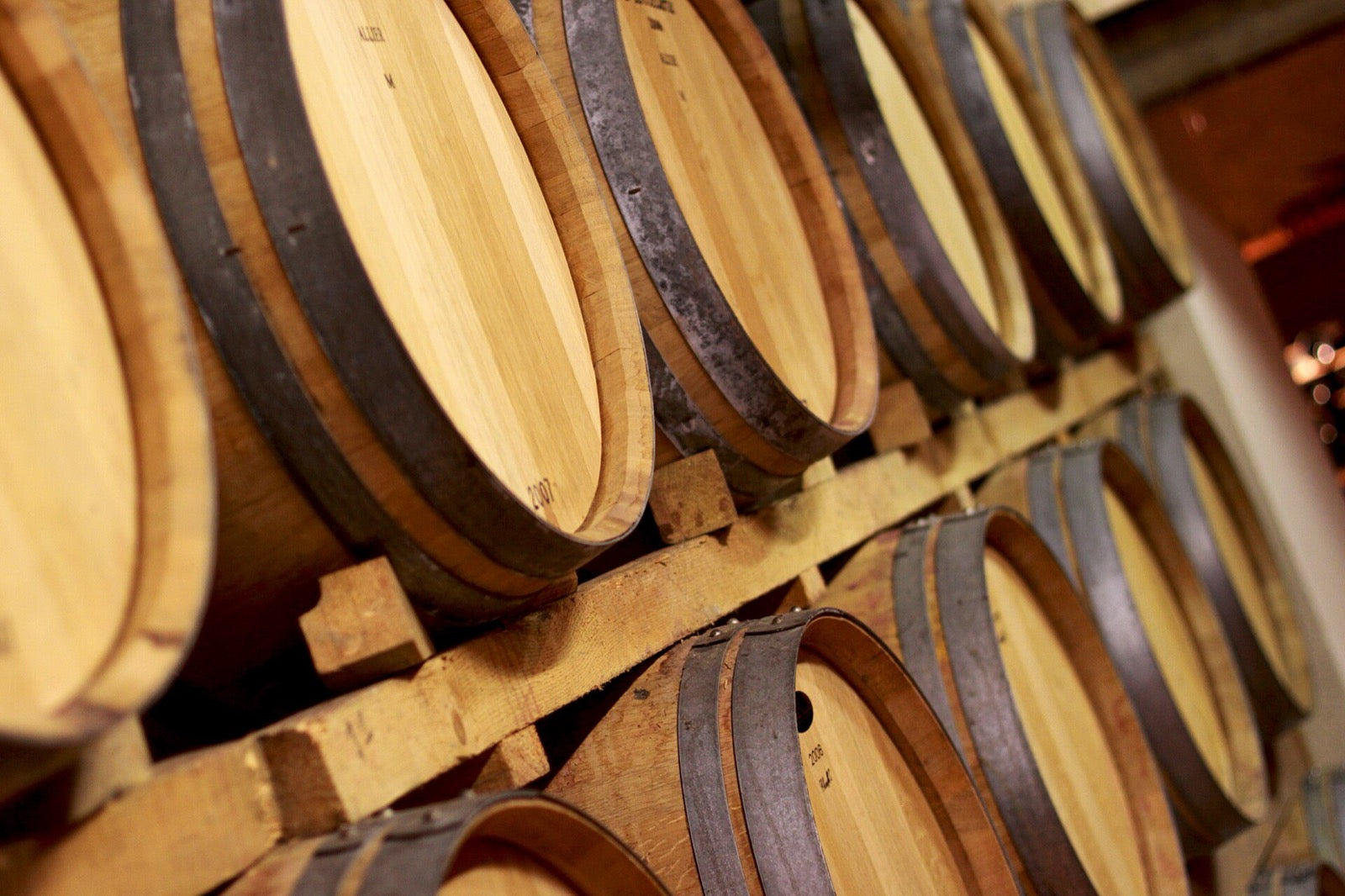 Bordeaux wine barrels ageing in a cellar