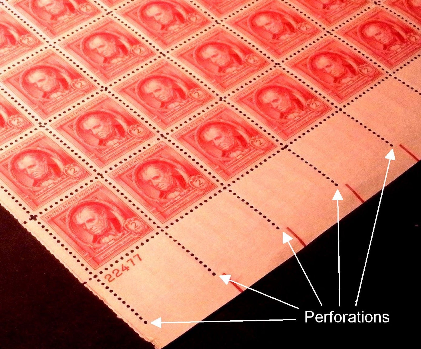 Perforations along the edge of a sheet of stamps