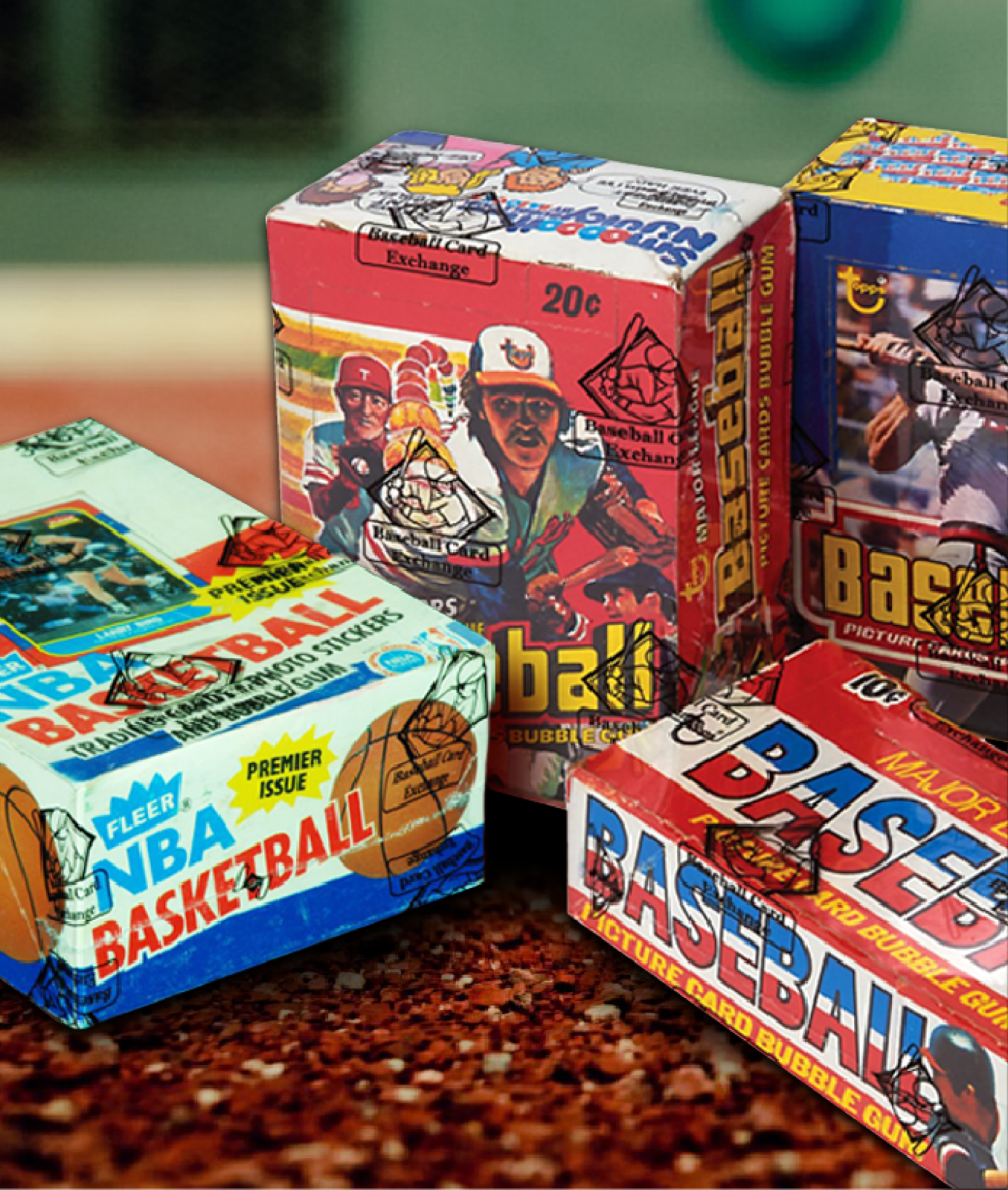Vintage wax boxes marked with BBCE authentication stamps
