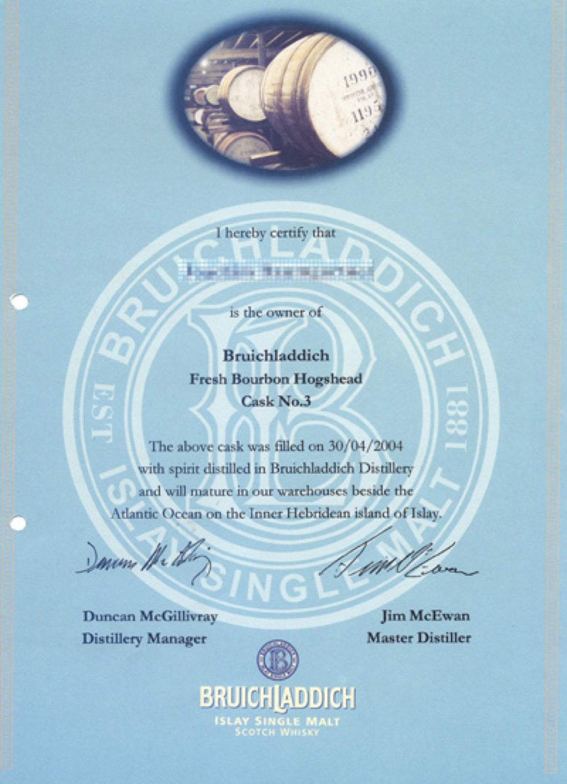 Ownership certificate for a whisky cask