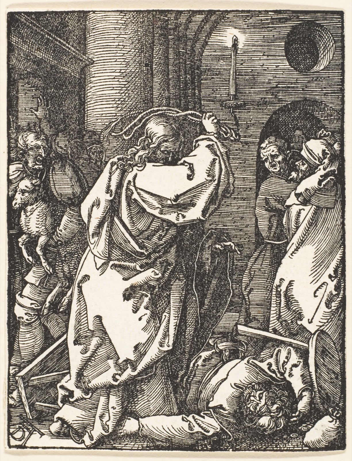 Christ Expelling the Money Lenders, from Dürer's Small Passion woodcuts