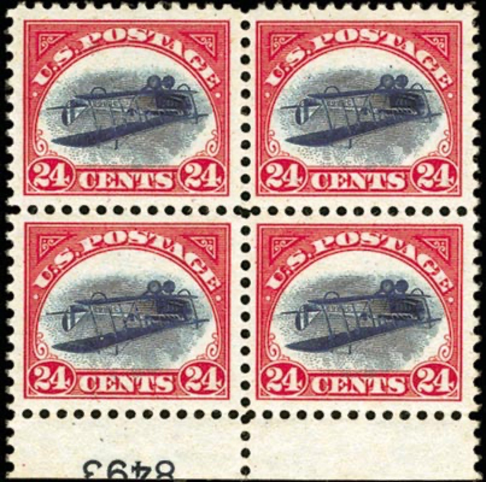 Inverted Jenny plate block of four stamps