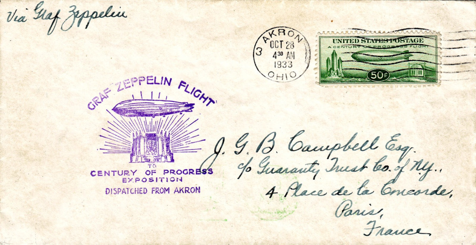 1933 Century of Progress Graf Zeppelin flight cover