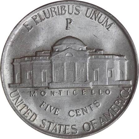 1945-P Silver War Nickel reverse showing Monticello with large P mint mark above dome