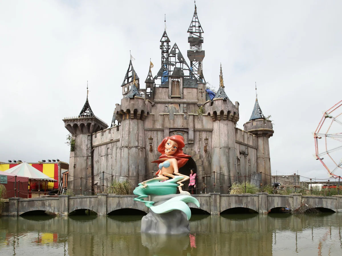 Dismaland, a temporary amusement park and conceptual art show created by Banksy, with contributions from other artists, in Weston-super-Mare, England, 2015.