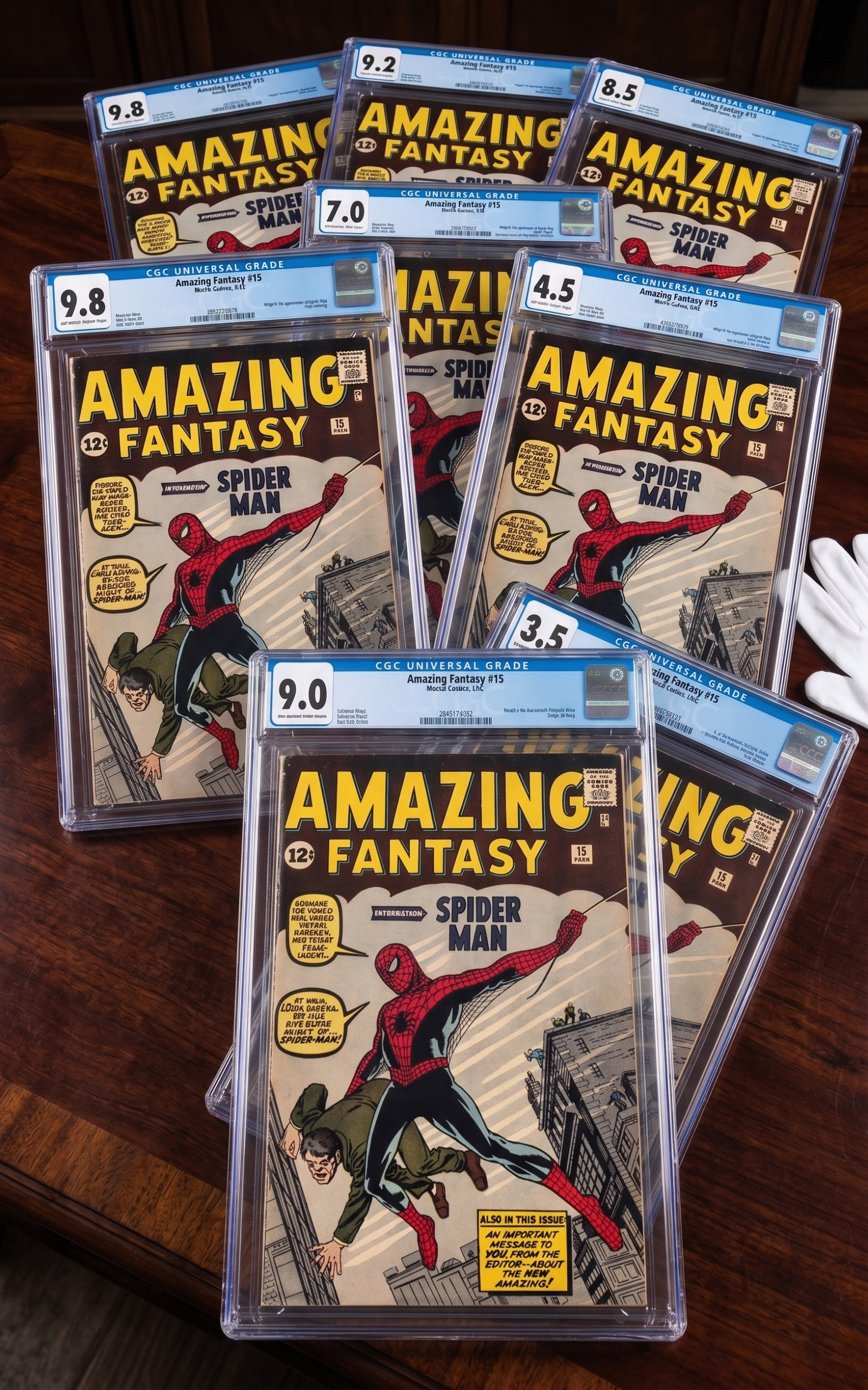 Multiple protected editions of Amazing Fantasy 15 graded by CGC