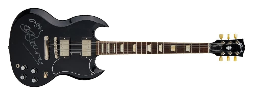 A black Gibson SG electric guitar personally owned and used by Ozzy Osbourne, signed to the body in silver marker