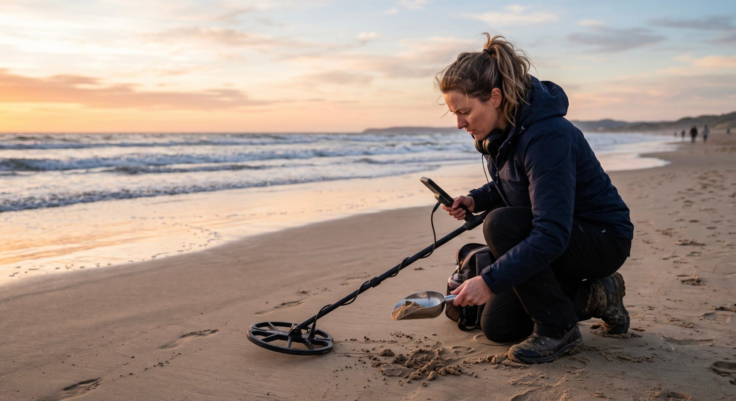 A woman searching for coins in the beach with a metal detector